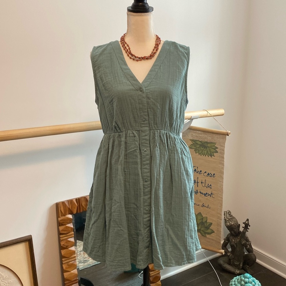 Pact Sage Green Button-Front V-Neck Sleeveless Dress